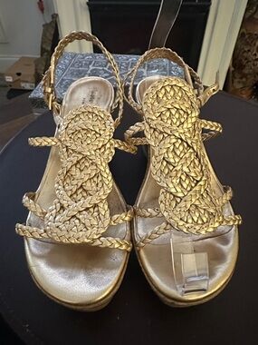 kate spade New York Braided Metallic Gold Sandal Heels